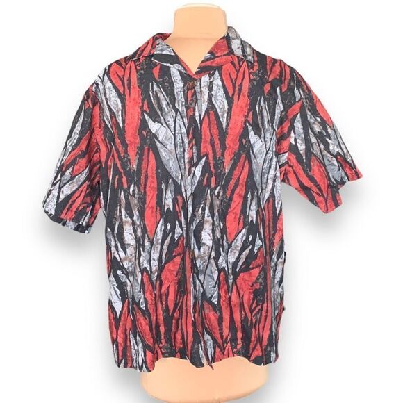 Vintage Shirt Red Black Abstract Short Sleeve Boxy Camp Collar Hawaiian Printed - Picture 3 of 12